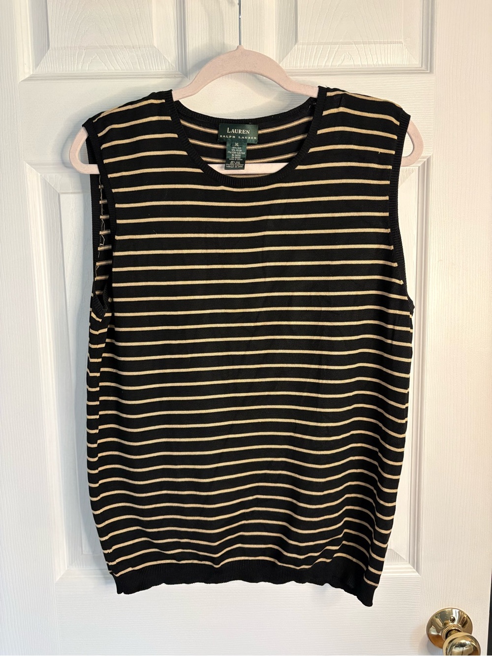Lauren Ralph Lauren Black and Cream Striped Sleeveless Knit Top Silk Blend